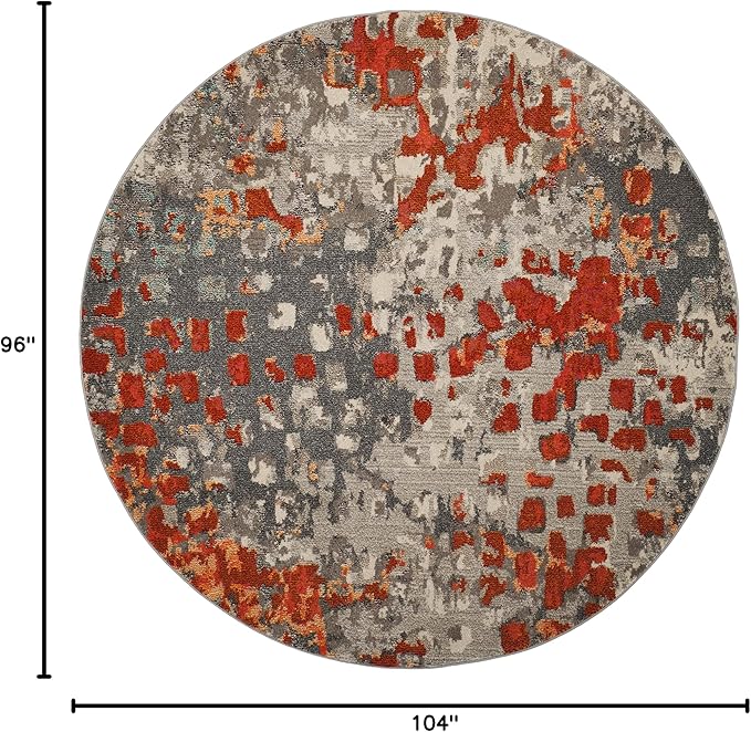 SAFAVIEH Monaco Collection Area Rug - 8'8" Round, Grey & Orange, Boho Chic Abstract Watercolor Design, Non-Shedding & Easy Care, Ideal for High Traffic Areas in Living Room, Bedroom (MNC225H)