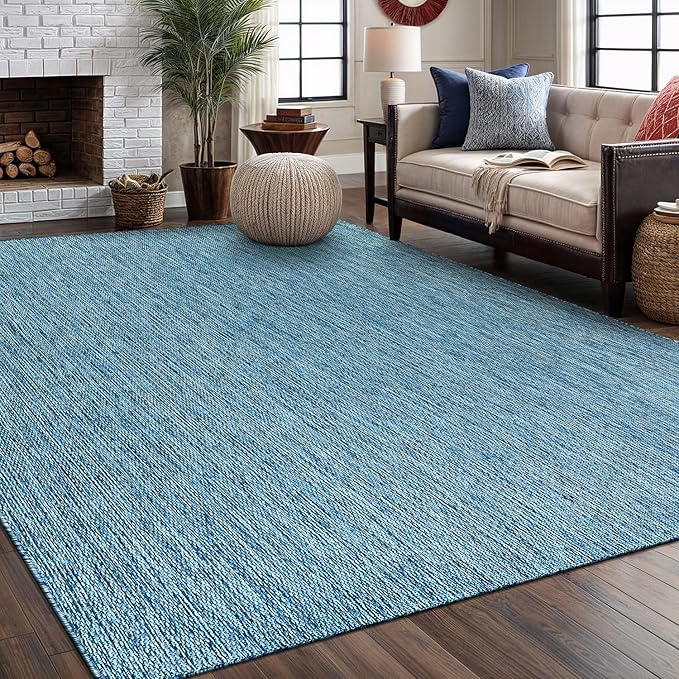 Washable Indoor Outdoor Rug Weather Resistant Carpet Modern Solid for Porch Deck Balcony Backyard Patio Rug 8x10 Aqua Blue