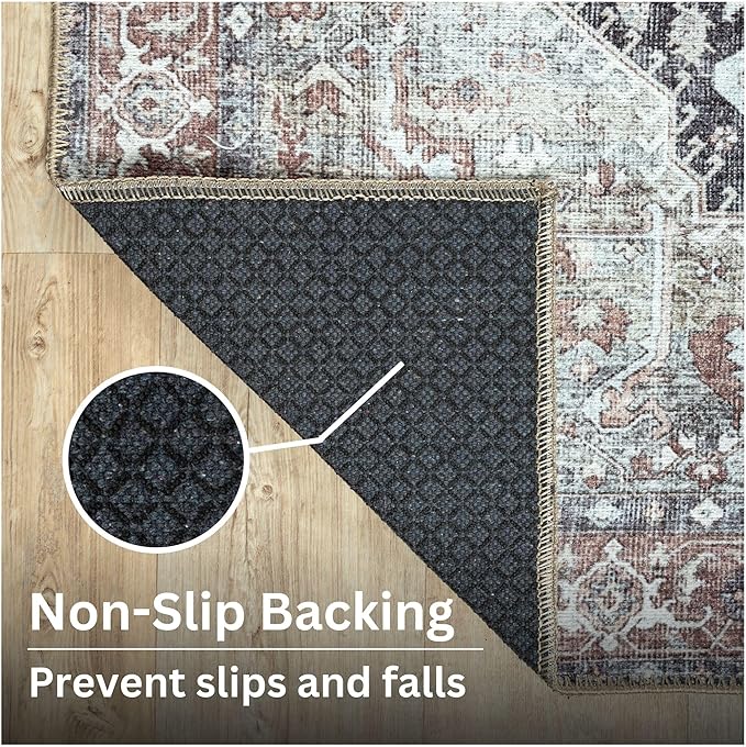 Bloom Rugs Washable Non-Slip 3' x 5' Rug - Charcoal/Brown Traditional Medallion Area Rug for Living Room, Bedroom, Dining Room, and Kitchen - Exact Size: 3' x 5'