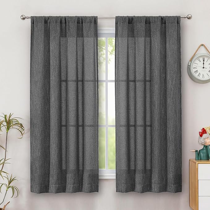 Simplebrand Grey Faux Linen Textured Curtains 63 Inch Length 2 Panels for Bedroom, Semi Sheer Light Filtering Privacy Farmhouse Curtains, Soft Thick Rod Pocket Window Drapes, 40W x 63L Inch