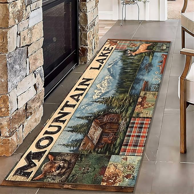 Multi-Color Elk Runner Rug 4x10ft with Floral Mountain Scene - Vintage Washable Floor Mat, Bohemian Rug for Kitchen Corridor, Canvas Art Style Decor