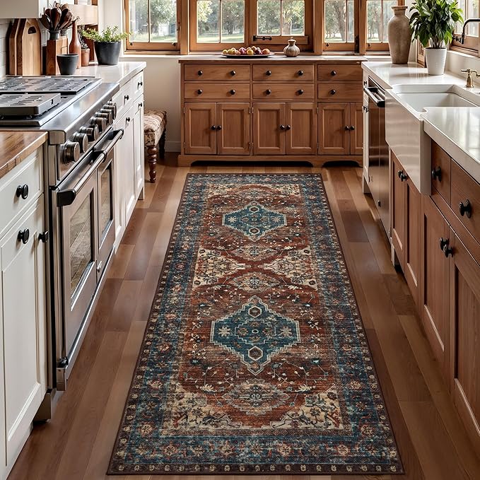 Tangsoo Oriental 2x6 Washable Runner Rug for Hallways, Non Slip Vintage Runner Rug, Soft Low Pile Long Rug Runner, Print Carpet Runners for Kitchen Bedroom Entryway Bathroom Living Room Rust