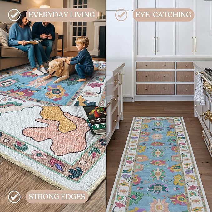 Fame Living Colorful Oushak Runner Rug, Modern Runners, Vintage, Turkish, Eclectic, Floral, Pastel, Washable, Long Runner Rugs for Hallway, Kitchen, Living Room, Bedroom, Kitchen, Bathroom, 2'5"x13'