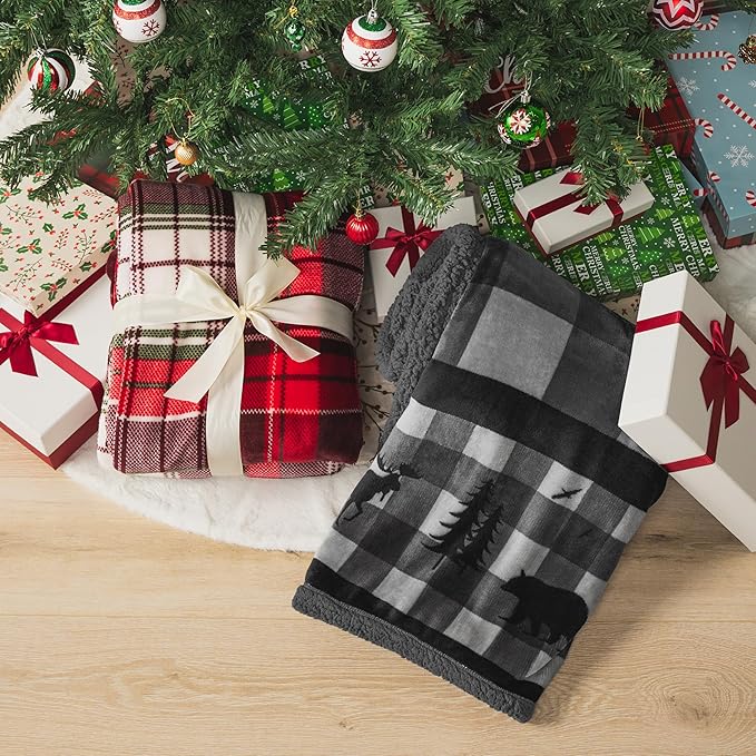 PAVILIA Winter Cabin Sherpa Throw Blanket, Soft Fleece Cozy Grey Christmas Reversible Blanket 50"x60", Warm Plush Rustic Plaid Throw for Couch, Bed, for Family, Friends