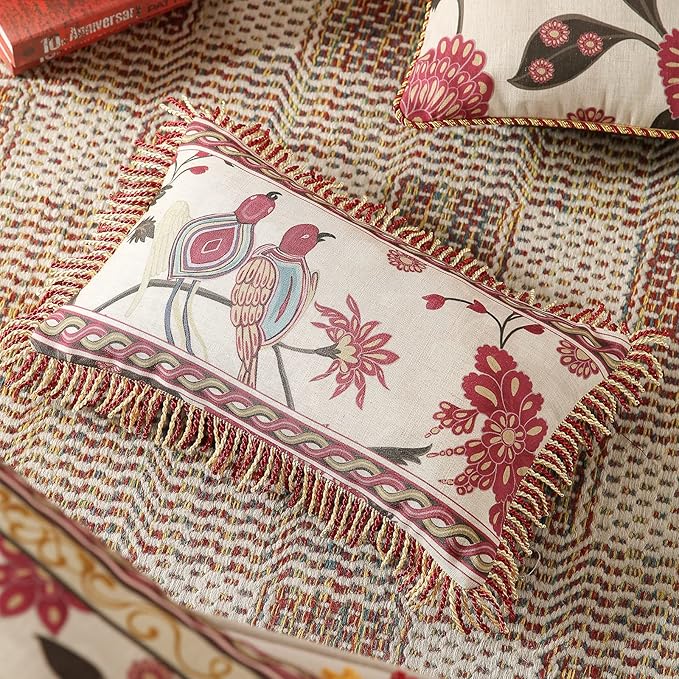 patdrea Designer Throw Pillow Covers 12"x20",Vintage Flowers and Bird Pattern Linen Pillowcases with Tassel Edges Pillows Cover for Couch,Decorative Lumbar Cushion for Living Room Outdoor,Set of 2