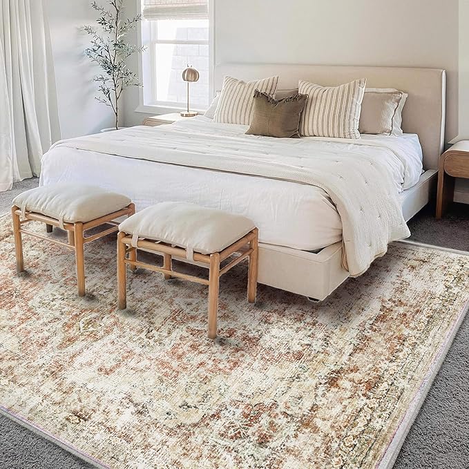 Area Rug 6'x9' Washable Vintage Traditional Floor Cover Thin Retro Kitchen Indoor Distressed Non Slip Carpet for Living Room Bedroom Dining Room