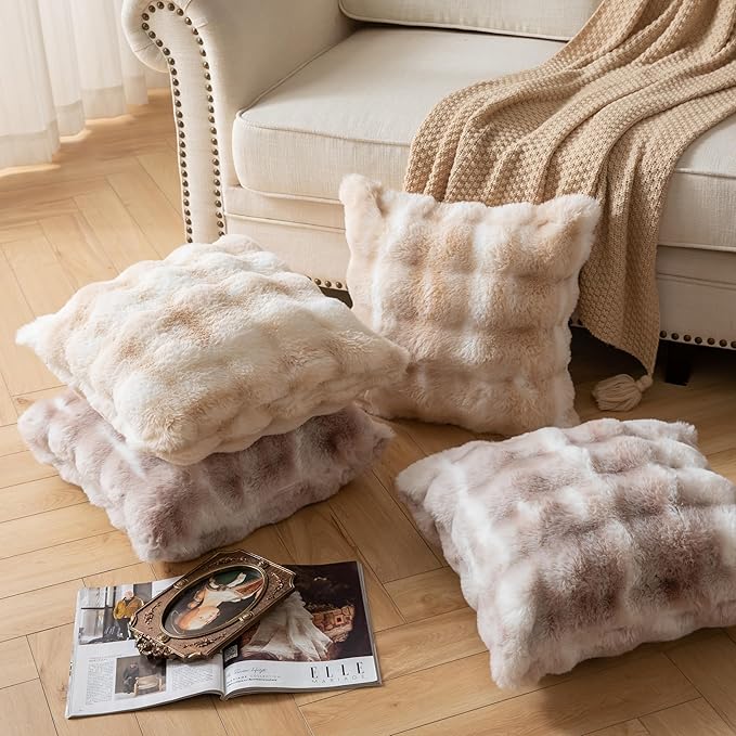 Pack of 2 Thick Plush Throw Pillow Covers Fluffy Wave Faux Fur Decorative Cushion Covers Soft Wool Pillowcase for Sofa Couch Livingroom 16x16 Inch White Taupe
