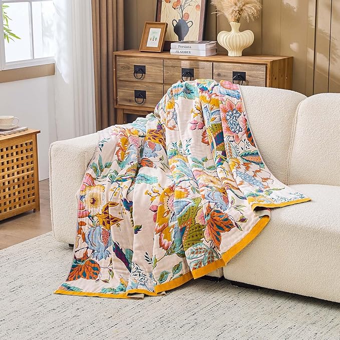 Farmhouse Throw Blanket, 60"x 80" Boho Throw Blankets for Couch Cover, 100% Cotton Bohemian Vintage Quilt for All Seasons Reversible Florals Lightweight Picnic Blankets Home Decoration