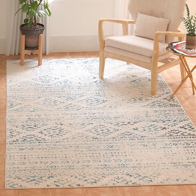 SAFAVIEH Area Rug 10x13 - Tulum Collection - Large - Ivory & Turquoise, Moroccan Boho Tribal Design, Non-Shedding & Easy to Clean, Ideal for Living Room, Bedroom, Dining Space (TUL272E)