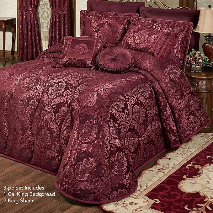 Touch of Class Camelot Luxury Bedding | Robust Burgundy | Matte Satin Damask on Richly Textured Jacquard-Woven Chenille | Designed 3 Piece Set Includes Cal King Quilted Bedspread & 2 King Shams
