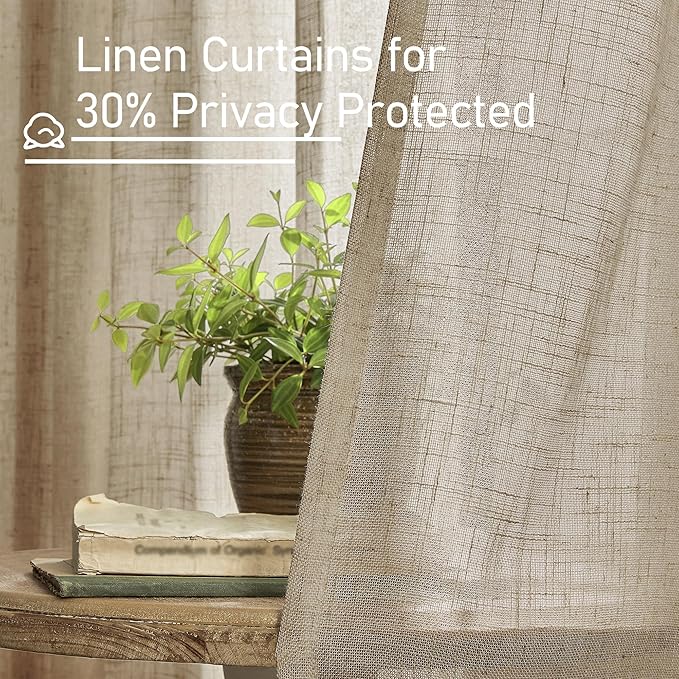 LAMIT Linen Curtains for Living Room 84 inch Length 2 Panels, Light Filtering Semi Sheer Curtains Back Tab and Rod Pocket Farmhouse Drapes for Bedroom/Sliding Glass Door, Taupe, 52 x 84 Inch