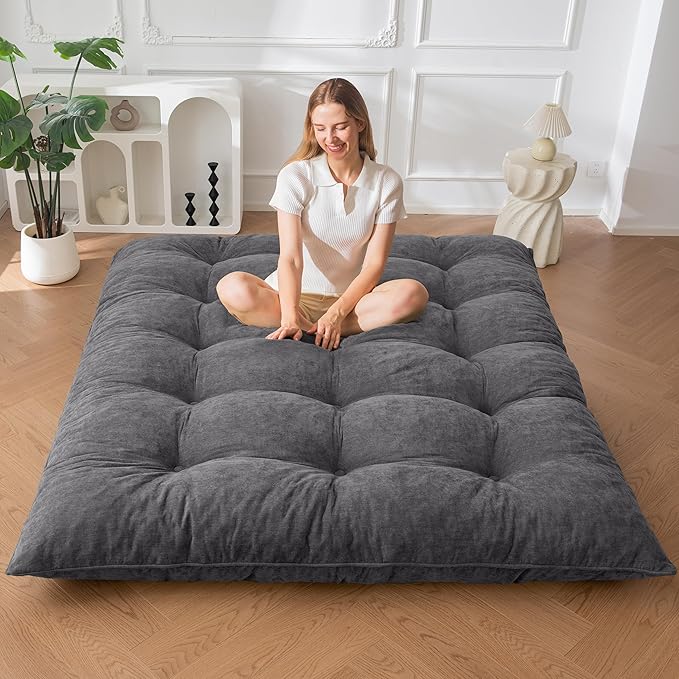 MAXYOYO Japanese Floor Mattress Queen Size, 6" Foldable Futon Mattress Tufted Roll Up Floor Bed, Thick Chenille Tatami Mat Sleeping Pad for Camping Guest Room Dormitory Bedroom RV, Dark Grey