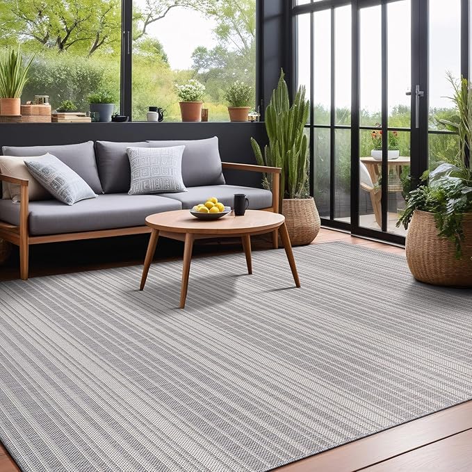 Stripe Outdoor Rug 8x10 Washable Outside Carpet for Indoor Patio Porch Waterproof Easy Cleaning Non Shedding Area Rugs Gray 8 x 10