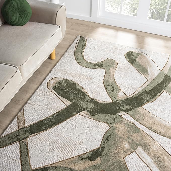 Abani Beige Cream Green Graffiti Washable Area Rug – 4' x 6' – Abstract Artistic Design – Ivy Collection – Non-Shedding, Easy to Clean – Durable for High Traffic Areas – Living Room & Bedroom