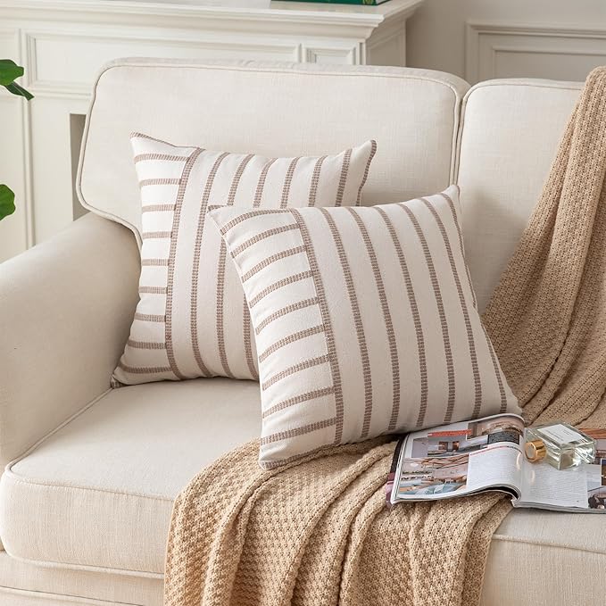 Caflife Boho Throw Pillow Covers 20x20 Set of 2 Soft Farmhouse Decorative Couch Pillow Cases Beige Striped Pillow Covers Neutral Cushion Covers for Sofa Bed Living Room Home Decor