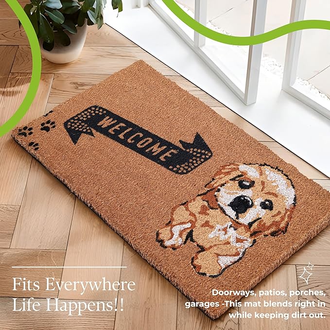 Coir Door Mats 17" X 30", Non-Slip Sturdy, PVC Backed Heavy Duty, Easy to Clean, Ideal for Door Entrance, Patio, Porch, Backyard, Garages, Cute Little Puppy Welcome