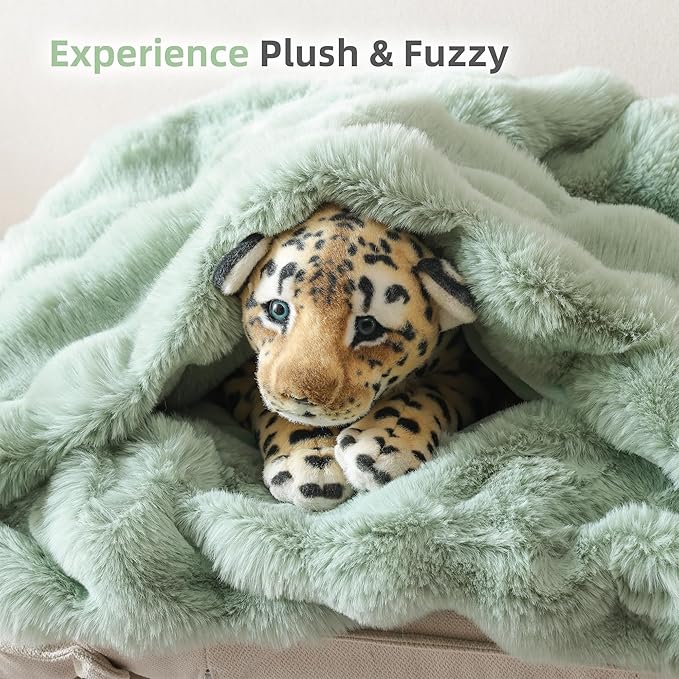 Smoofy Faux Fur Throw Blanket for Couch – Sage Fluffy Cozy Rabbit Fleece, Plush Soft Bubble Blanket for Sofa & Bed, for Mom, Warm Fuzzy Home Room Decor Throw 50" x 60"