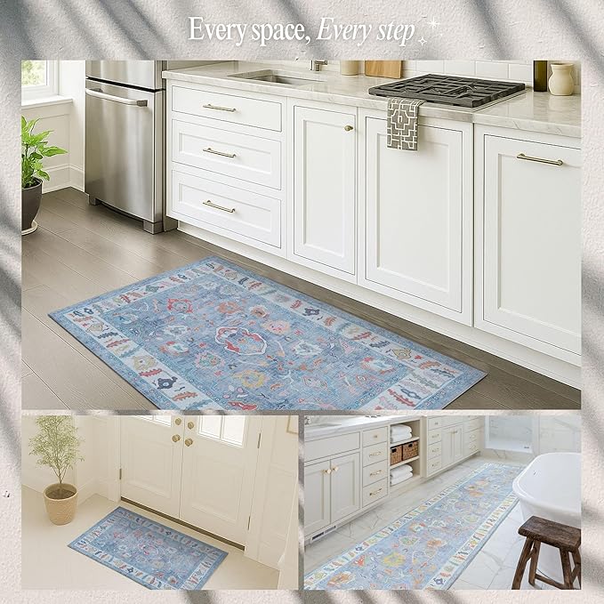 Fame Rugs Blue Modern Oushak Rug 8x10, Vintage Turkish Colorful Oriental Washable Antique Inspired Large Area Rugs, Luxury Living Room Bedroom (381LB, 7'6 x 10')