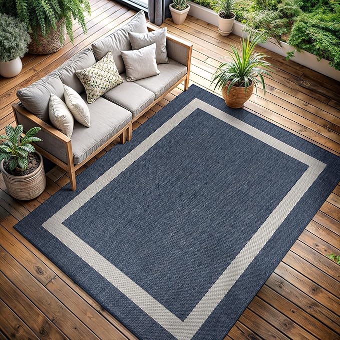 CAMILSON Outdoor Rug 10x14, Large Modern Outside Rugs for Patios Porches Waterproof Durable Washable Non-Shedding, Easy-to-Clean Indoor Outdoor Area Carpet (10 x 14, Bordered - Blue/White)
