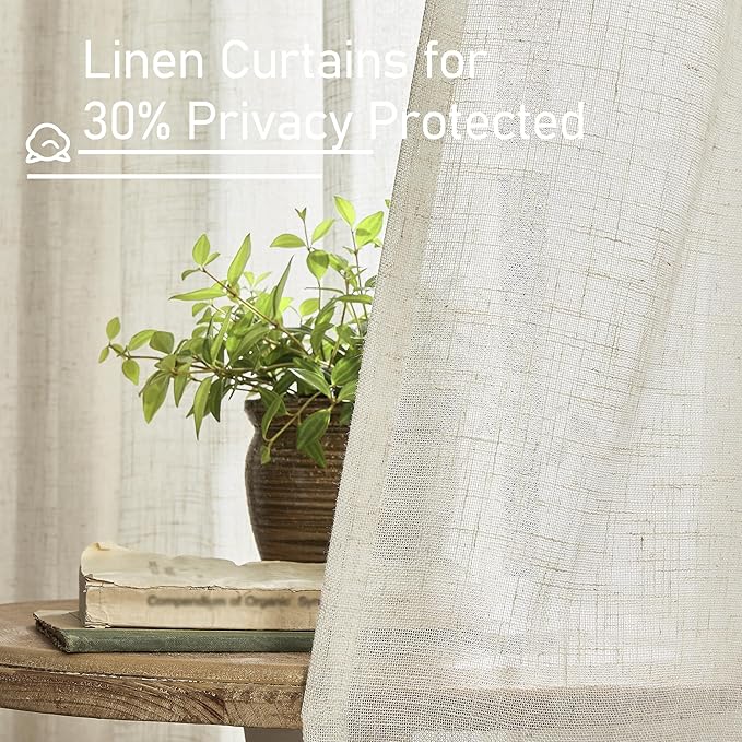 LAMIT Natural Linen Semi Sheer Window Curtains 54 Inch, Light Filtering Neutral Bedroom Curtains Farmhouse Boho Back Tab and Rod Pocket Panels, Cream Ivory, 2 Panels, 52 x 54 Inch