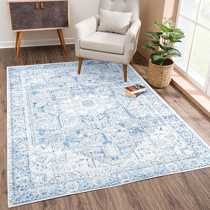 Bloom Rugs Washable Non-Slip 6' x 9' Rug - Blue/Gray Traditional Area Rug for Living Room, Bedroom, Dining Room, and Kitchen - Exact Size: 6' x 9'