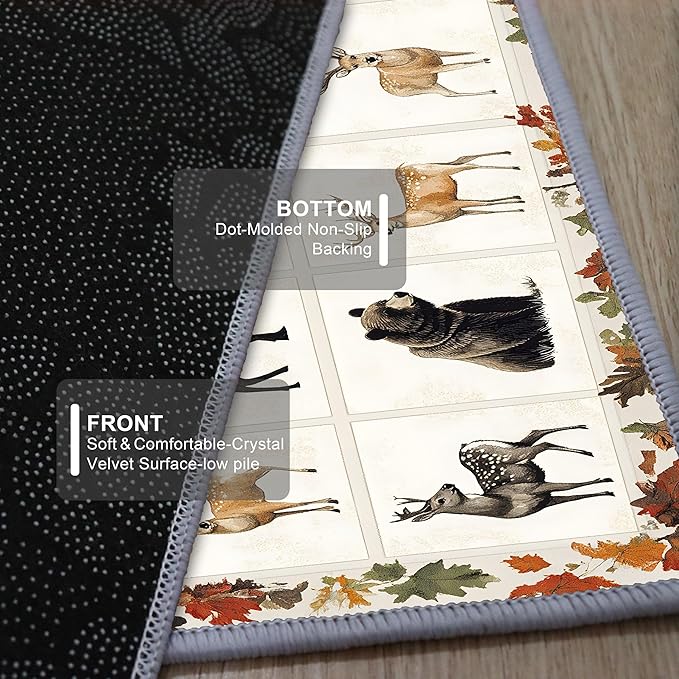 Beige Checkered Maple Bear Elk Hallway Rug 2x7ft Bohemian Vintage Floor Mat for Nursery Farmhouse, Foldable Anti-Fatigue Rug with Crushed Leaf Pattern