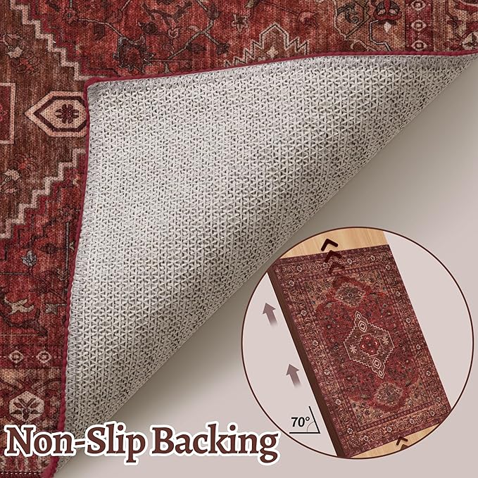 Tangsoo Washable Entryway Rugs 2x3 Vintage Non Slip Small Area Rug, Indoor Front Door Rug, Print Distressed Door Mat Indoor Entrance Soft Low Pile Throw Rug for Entry Kitchen Bedroom Dark Red