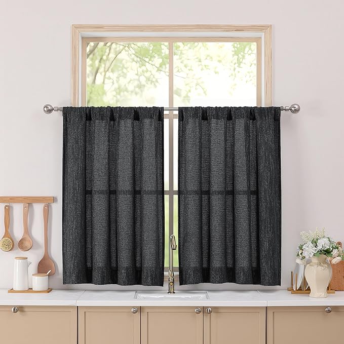 Simplebrand Black Short Faux Linen Textured Cafe Kitchen Curtains 36 Inch Length 2 Panels, Over Sink Semi Sheer Farmhouse Light Filtering Panels Rod Pocket Drapes for Bathroom Window, 40 x 36 Inch