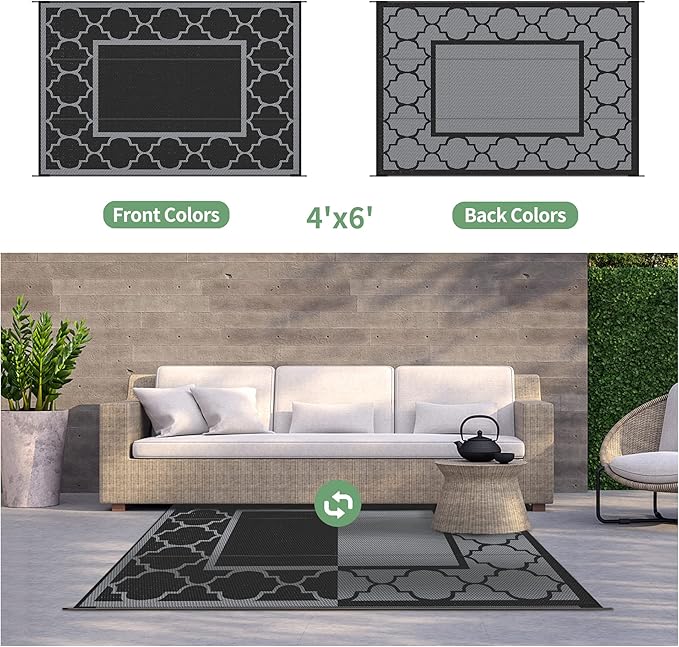 GENIMO 4 ' x 6 ' Outdoor Rug for Patio, Waterproof Indoor Outdoor Plastic Straw Rugs Carpet, Reversible Outside Area Mat for Camping, Balcony Porch, Deck, Picnic, Beach Black Grey