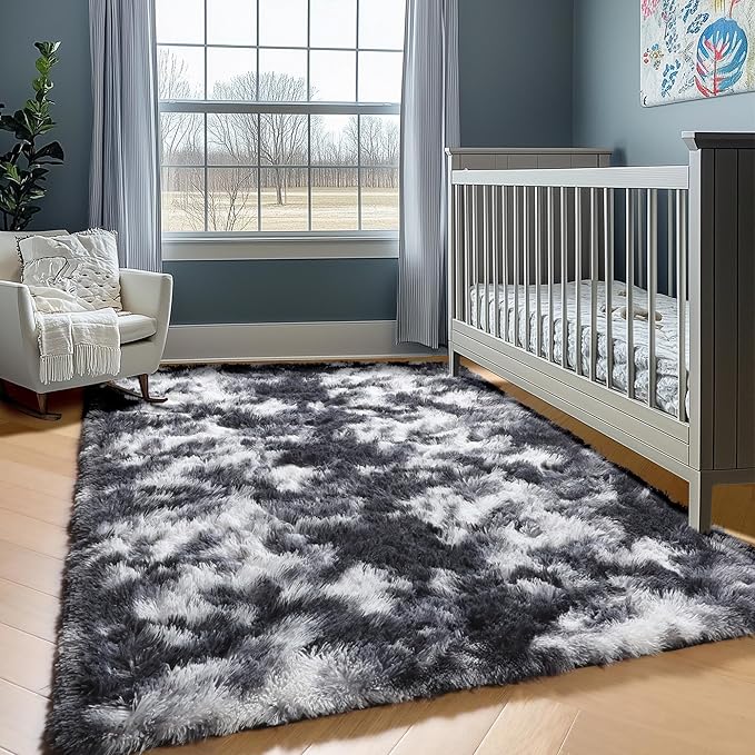 ONASAR Black and White Rugs for Bedroom Living Room, Washable Fluffy 4x6 Indoor Bedside Floor Throw Area Rug, Soft Plush Shaggy Carpet for Nursery Kids Girls Boys Teen Dorm Home Decor Aesthetic