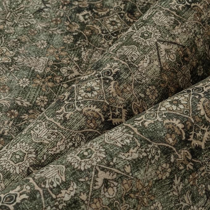 Entryway Area Rug 2x3 Green Brown Vintage Washable Kitchen Bathroom Carpet Traditional Distressed Soft Non Slip Small Door Mat Retro Low Pile Thin Rug for Entrance Laundry Bedroom