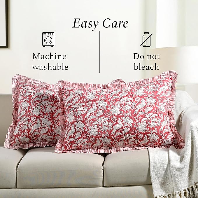 CPC Ruby Red 100% Cotton Block Print Ruffle Sham Cover 20X30 inch Pack of 2, Handmade Boho Floral Pillowcase, Soft Decorative Queen Bed Pillow Cover for Bedroom Décor