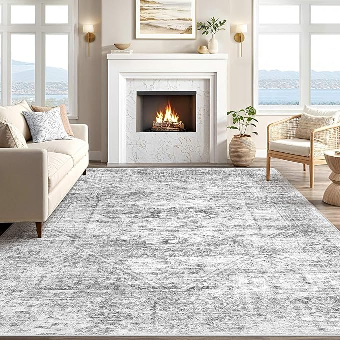 Vintage Living Room Area Rug 8x10 - Large Soft Washable Oriental Traditional Distressed Farmhouse Rugs for Bedroom - Indoor Floor Accent Carpet for Home Office House Decor - Distressed Grey