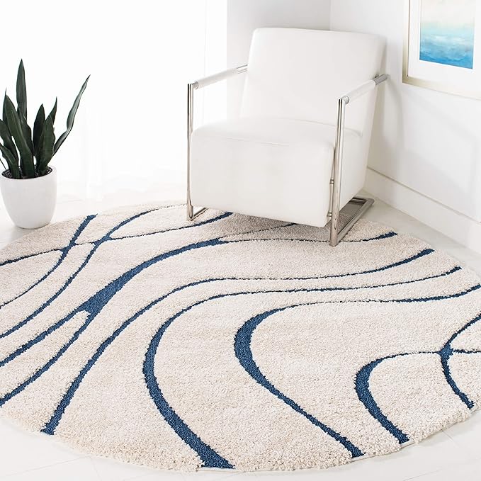 SAFAVIEH Florida Shag Collection 4' Round Cream/Blue SG471 Abstract Wave Non-Shedding Living Room Bedroom Dining Room Entryway Plush 1.2-inch Thick Area Rug