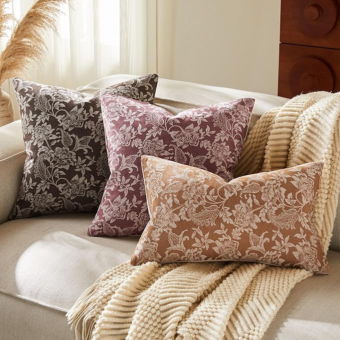 Floral Jacquard Throw Pillow Covers Set of 2, Background/Chocolate 18x18 Inch, Farmhouse Decorative Cotton Dark Brown Cushion Covers for Sofa Bed Living Room Home Decor