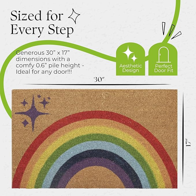 Coir Door Mats 17" X 30", Non-Slip Sturdy, PVC Backed Heavy Duty, Easy to Clean, Ideal for Door Entrance, Patio, Porch, Backyard, Garages, Sparkle of Rainbows