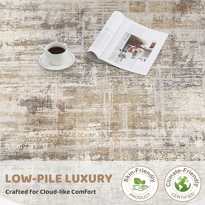 6ft Round Area Rug for Living Room: 6x6 Washable Neutral Abstract Modern Soft Rugs Non Slip Indoor Floor Stain Resistant Carpet for Bedroom Dining Room Office Nursery - Golden Brown