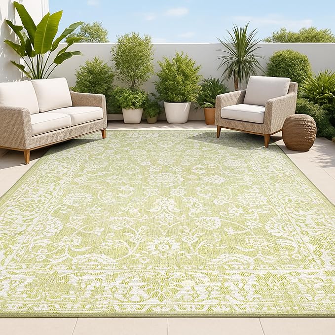 JONATHAN Y Weave Floral Indoor Outdoor Area Rug 8X10 Green/Cream, Tela Bohemian Textured for Backyard, Patio, Porch, Easy-Cleaning, High Traffic, Pet-Friendly, Non-Shedding (SMB100D-8)