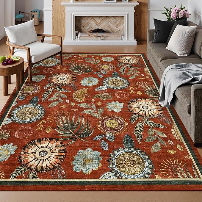 GarveeHome 5x7 Floral Washable Area Rug: Large Living Room Area Rug with Non-Slip Backing Washable Ultra Soft Bedroom Floral Carpet Indoor Stain Resistant Carpet for Dining Room 5 * 7 ft Brick Red