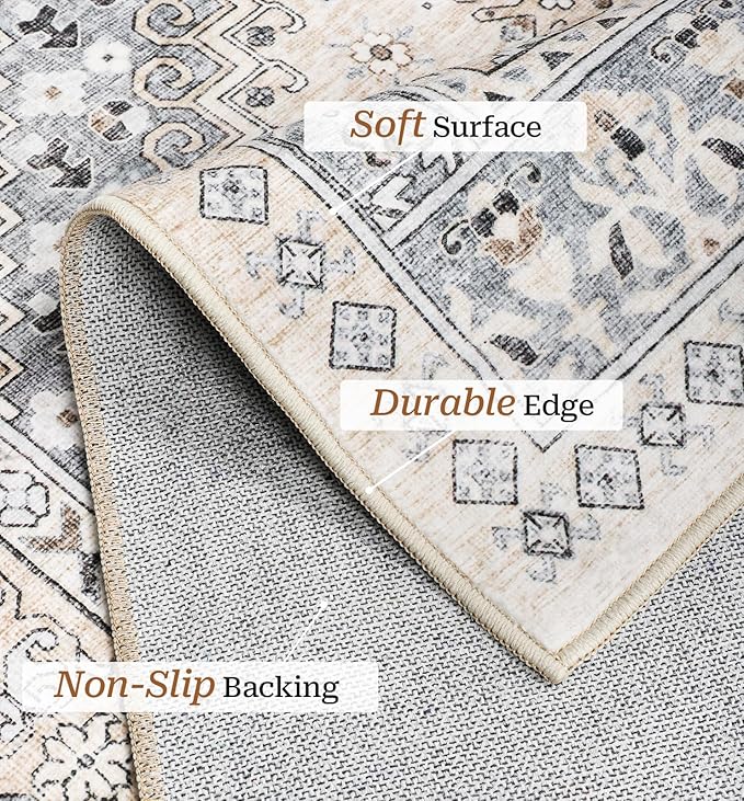 zesthome 2x3 Entryway Rug, Soft Washable Rugs, Non Slip Area Rug, Stain Resistant Low Pile Rugs for Bedroom, Vintage Rug for Door Mat, Kitchen (Beige,2'x3')