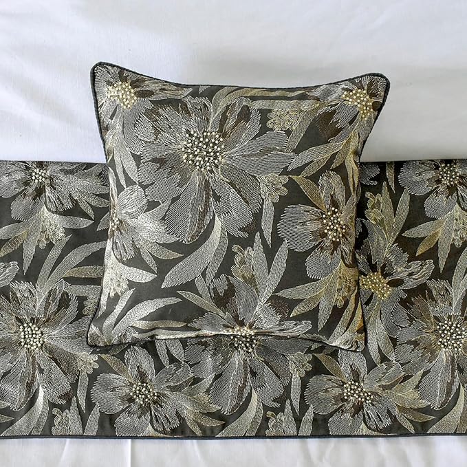The HomeCentric King/Queen/Twin Grey Decorative Bed Runner CA King 86"x18" Bed Runner Without Pillow Cover, Embroidery, Floral, Pearl Bed Scarf on Jacquard Fabric - Liana