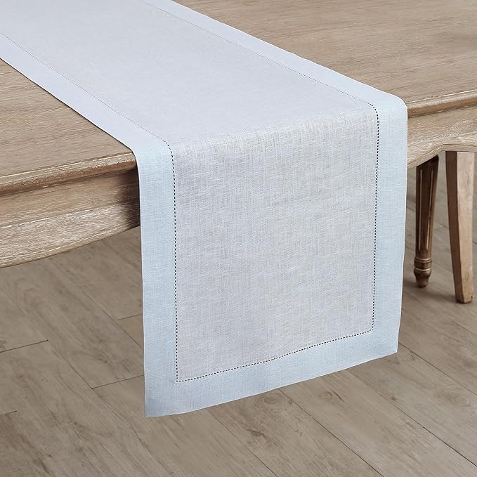 Solino Home Linen Light Blue Table Runner 132 Inches Long - 100% Pure Linen Extra Long Table Runner 14 x 132 Inch for Winter, Christmas, New Year - Classic Hemstitch