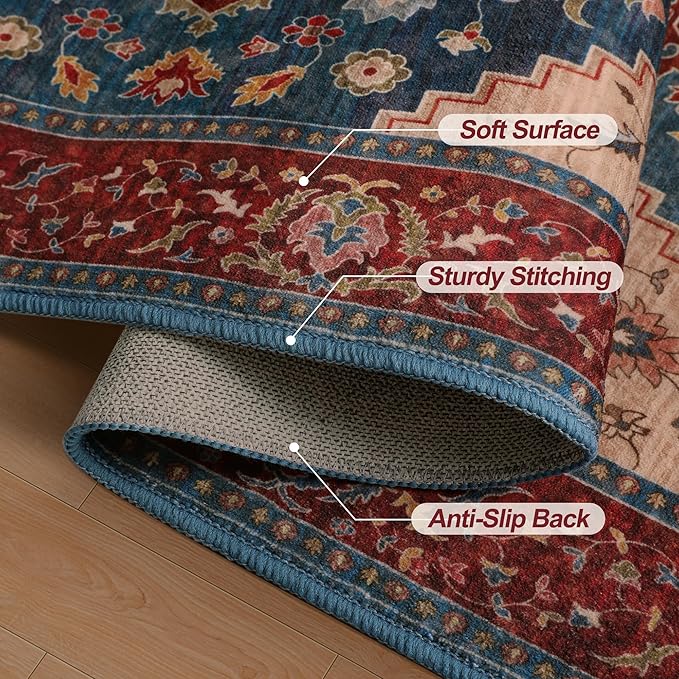 Tangsoo Oriental Red Rug 4x6 Washable Vintage Rugs Non Slip Indoor, Distressed Carpet for Living Room, Dining Room, Soft Low Pile Rugs Boho Foldable Floor for Bedroom Dorm Bedside Bathroom