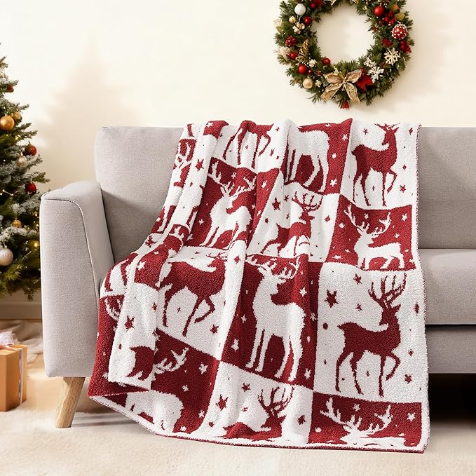 WRENSONGE Christmas Throw Blanket, Red Deer Pattern, Soft Cozy Fluffy Warm Throw Blankets for Couch, Sofa, Chair, Bed, Camping, Picnic, Travel Lightweight Bed Blanket - 50"*60"