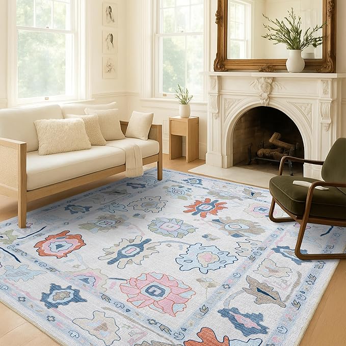 Fame Living Cream Oushak Rug, Modern Small Rugs, Vintage, Turkish, Eclectic, Floral, Pastel, Washable, Door Mat, Doormat for Indoor Entrance, Entryway, Kitchen, Bathroom, Bedroom, Laundry, 2'x3'