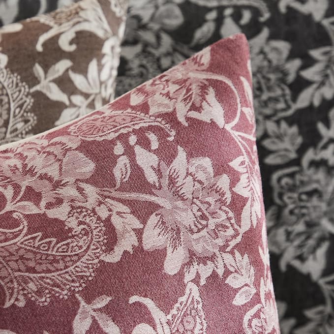 Floral Jacquard Throw Pillow Covers Set of 2, Background/Burgundy 18x18 Inch, Farmhouse Decorative Cotton Burgundy Cushion Covers for Sofa Bed Living Room Home Decor