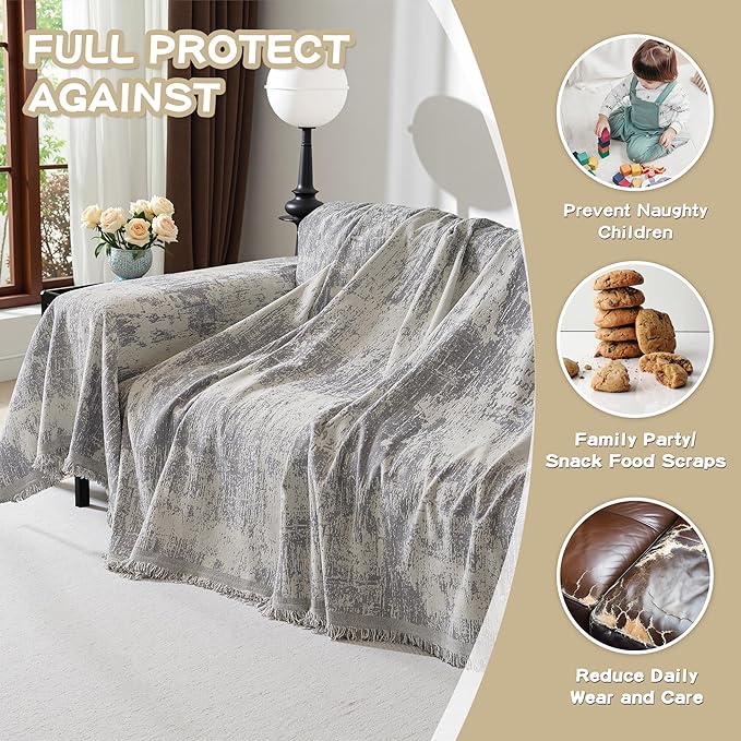 MEETSKY Boho Couch Cover for 2 Cushion Couch Sofa, Chenille Sofa Cover for Sectional Sofa, Modern Khaki Abstract Jacquard Sofa Covers Washable Sofa Slipcover for Pets Friendly, 91" X118", Light Grey