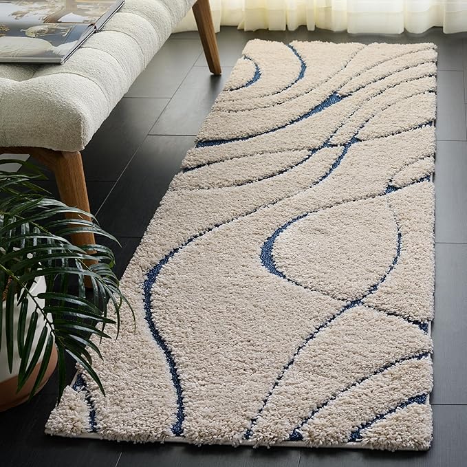 SAFAVIEH Florida Shag Collection Area Rug - 2'3" x 17' Runner, Cream & Blue, Non-Shedding & Easy Cleaning, Plush Thick Pile, Ideal for Living Room, Bedroom, Dining Space (SG471-1165)