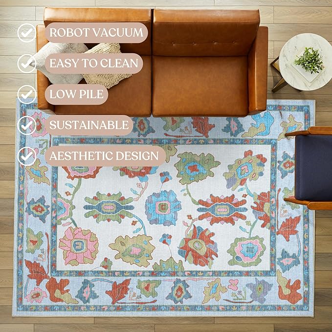 Fame Living Colorful Oushak Rug, Modern, Vintage, Turkish, Eclectic, Floral, Pastel, Washable, Area Rugs for Living Room, Dining, Bedroom, Office, Entryway, Foyer, Playroom, Nursery, 5'x6'9"