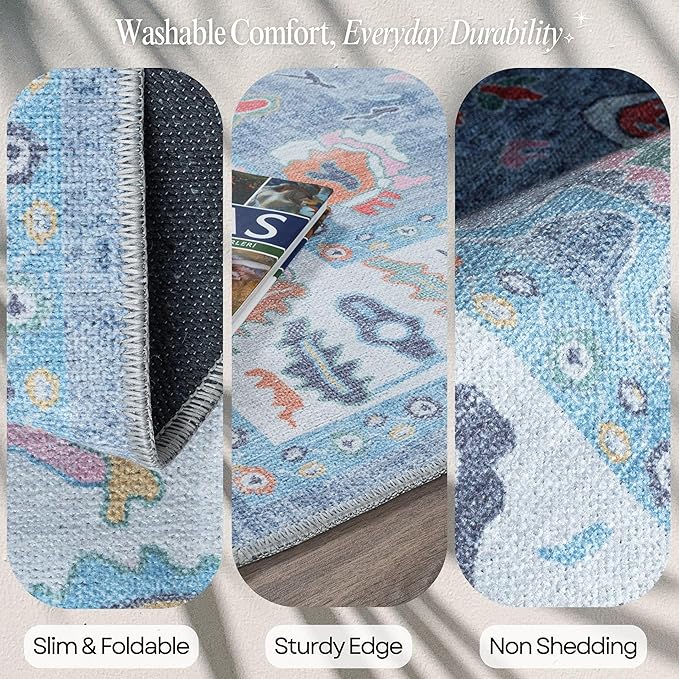 Fame Rugs Blue Modern Oushak Rug 2x3, Vintage Doormat Turkish Colorful Oriental Antique Inspired Washable Small Area Rug, Luxury Living Room Bedroom (381LB, 2' x 3')